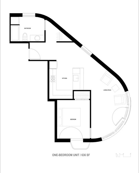 Floor plan for 1 bed, 1 bath, 630 sqft